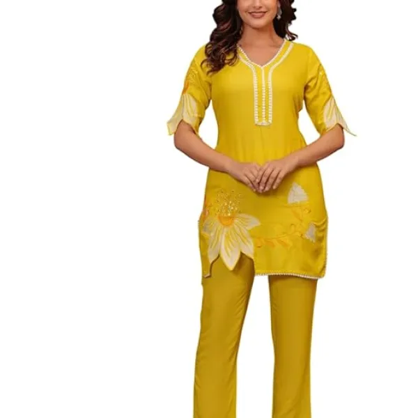 Women's Cotton Printed Short Straight Kurti with Pant Yellow