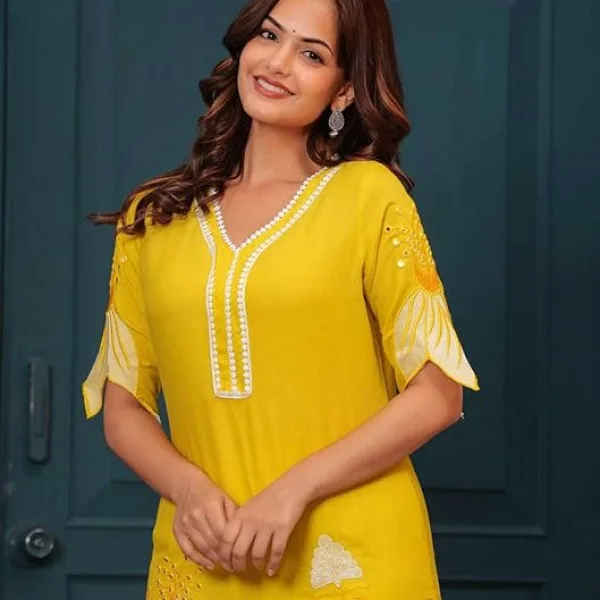 Women's Cotton Printed Short Straight Kurti with Pant Yellow