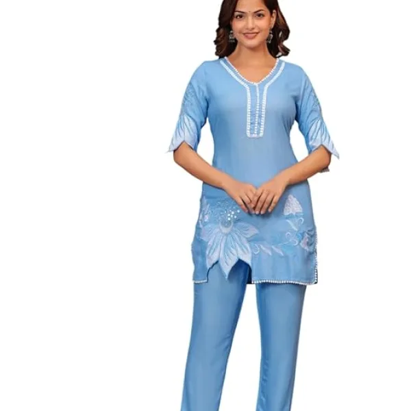 Women's Cotton Floral Printed Short Straight Kurti with Pant Blue