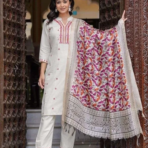 Women's Cotton Embroidered Straight Kurti with Pant and Dupatta Set
