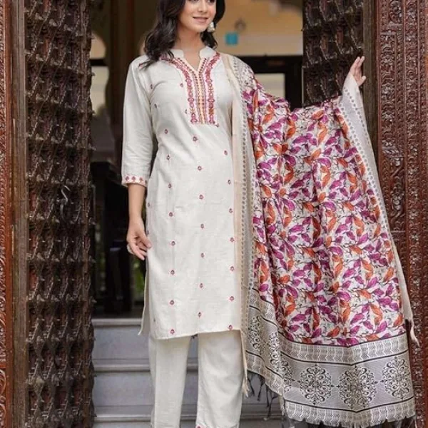 Women's Cotton Embroidered Straight Kurti with Pant and Dupatta Set White
