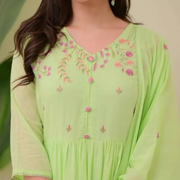 Women's Cotton Embroidered Anarkali Kurti with Pant and Dupatta Set