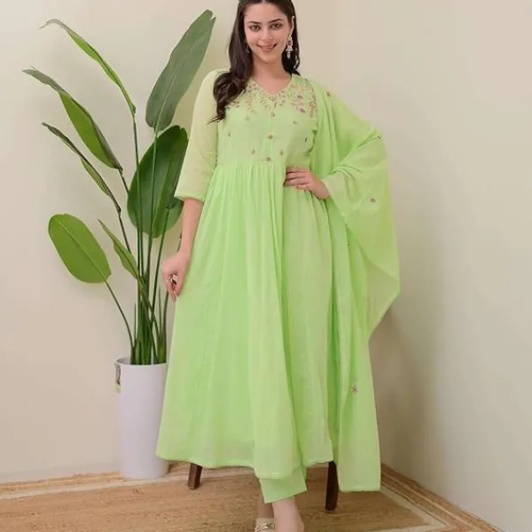 Women's Cotton Embroidered Anarkali Kurti with Pant and Dupatta Set