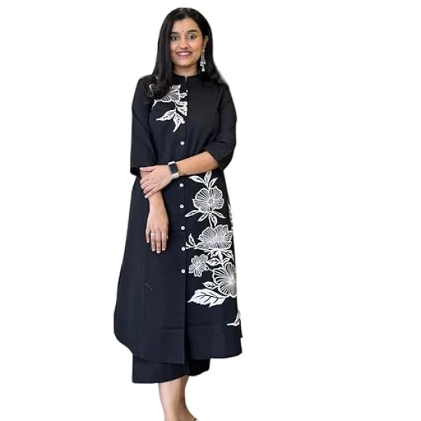 Women's Cotton Floral Printed Straight Kurti with Pant Black Color