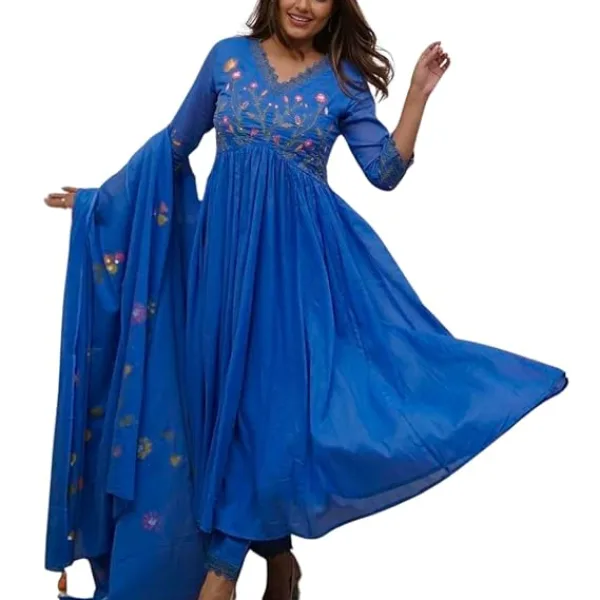 Women's Cotton Embroidered Long Anarkali Kurti with Pant and Dupatta Set
