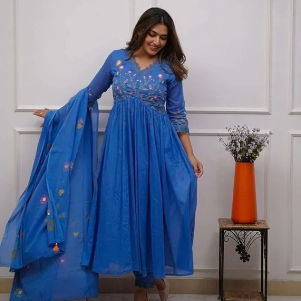 Women's Cotton Embroidered Long Anarkali Kurti with Pant and Dupatta Blue