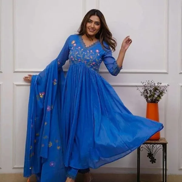 Women's Cotton Embroidered Long Anarkali Kurti with Pant and Dupatta Blue
