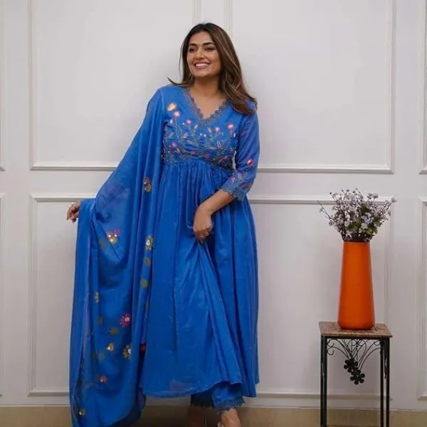 Women's Cotton Embroidered Long Anarkali Kurti with Pant and Dupatta Blue
