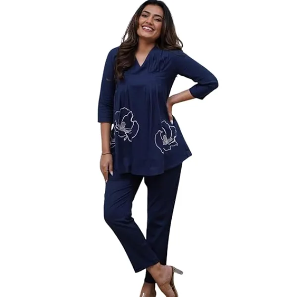 Women's Cotton Embroidered Co-ord Set 2 Piece Top Bottom Set