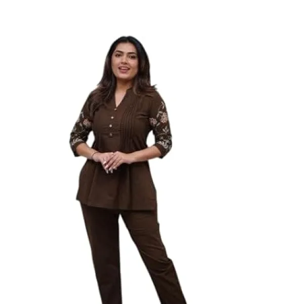 Women's Cotton Embroidery Straight Short Kurti with Pant Set