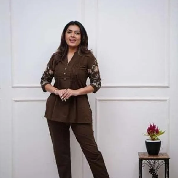 Women's Cotton Embroidery Straight Short Kurti with Pant Set