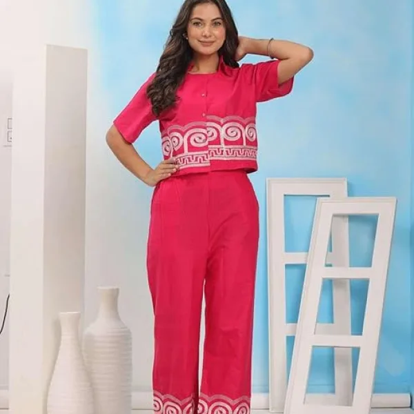 Women's Cotton Embroidered Crop top Co-Ord Set