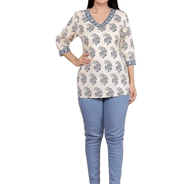 Women's Cotton Block Printed Short Straight Kurti