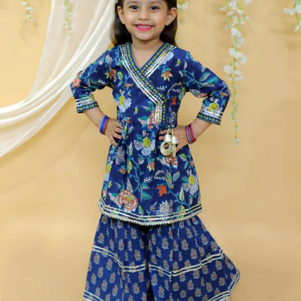 Blue Jaipur Block Print Cotton Party Wear Suit Set for Girls