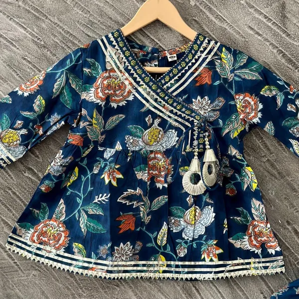 Blue Jaipur Block Print Cotton Party Wear Suit Set for Girls