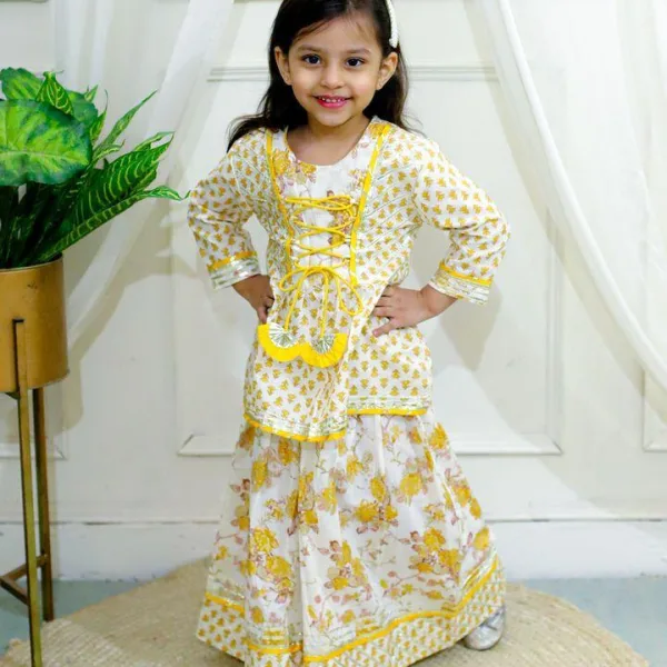 Yellow Peplum Dori Jaipur Block Print Cotton Suit Set for Girls