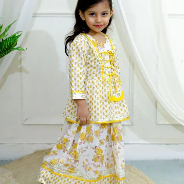 Yellow Peplum Dori Jaipur Block Print Cotton Suit Set for Girls