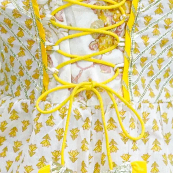 Yellow Peplum Dori Jaipur Block Print Cotton Suit Set for Girls