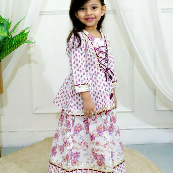 Purple Peplum Dori Jaipur Block Print Cotton Suit Set for Girls