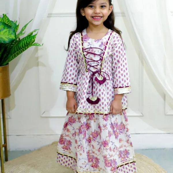 Purple Peplum Dori Jaipur Block Print Cotton Suit Set for Girls
