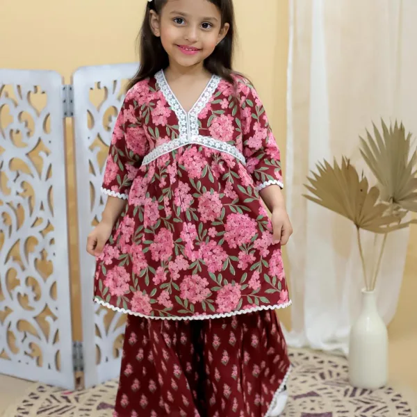 Red Jaipur Block Print Cotton Festive Suit Set for Girls