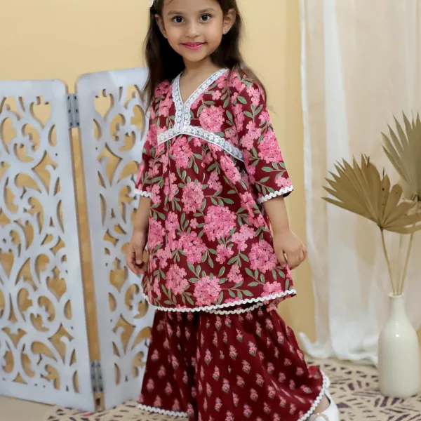Red Jaipur Block Print Cotton Festive Suit Set for Girls