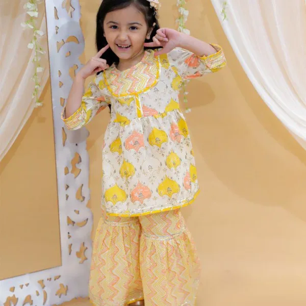 Yellow Jaipur Block Print Cotton Festive Suit Set for Girls