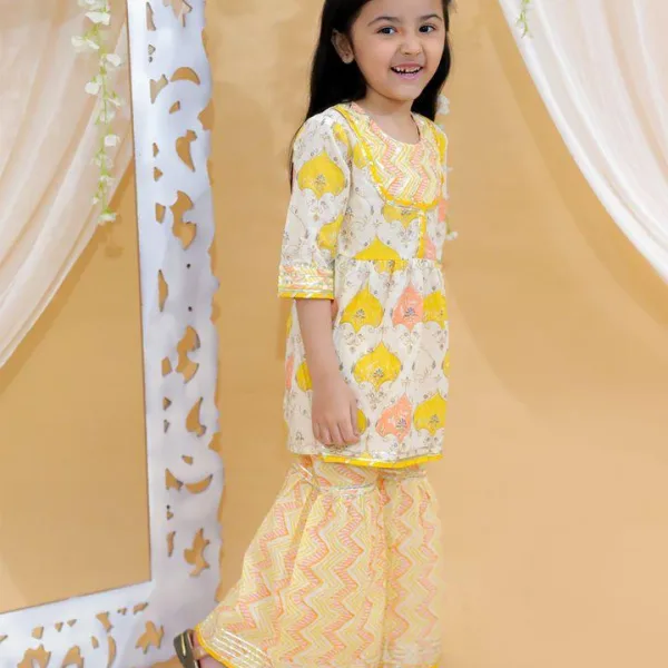 Yellow Jaipur Block Print Cotton Festive Suit Set for Girls