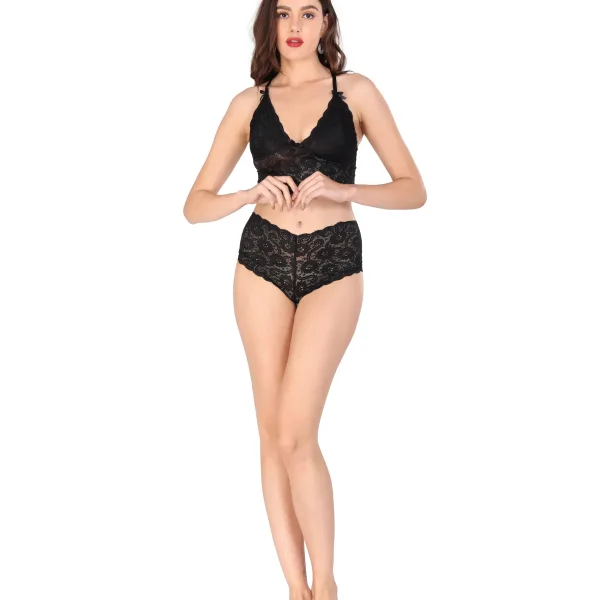 Black Bridal Lace Bra Panty Lingerie Set for Women