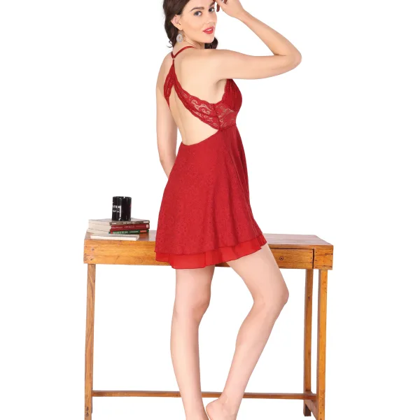Red Lace Net Sexy Doll Nighty Set for women