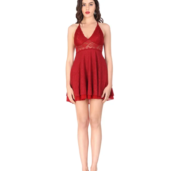 Red Lace Net Sexy Doll Nighty Set for women