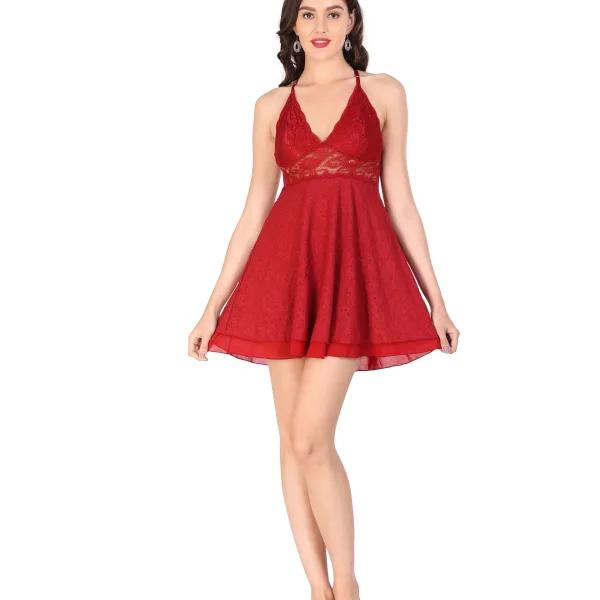 Red Lace Net Sexy Doll Nighty Set for women