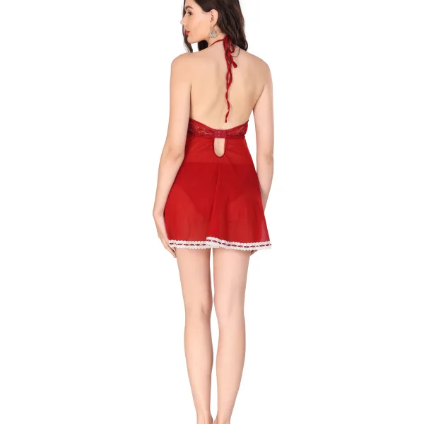 Red Back less Lace Net Glamorous Doll Nighty Set
