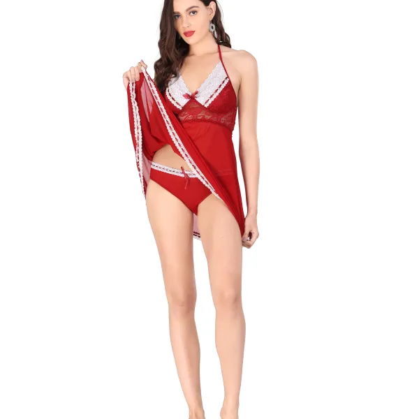 Red Back less Lace Net Glamorous Doll Nighty Set
