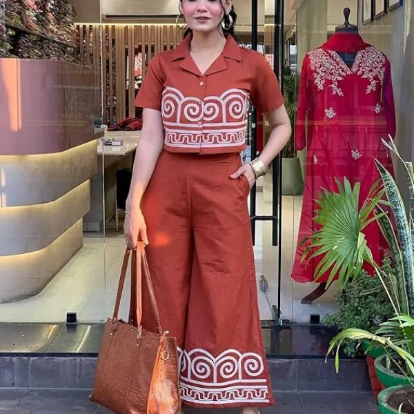 Women's Cotton Embroidered Crop top Co-Ord Set