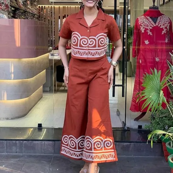 Women's Cotton Embroidered Crop top Co-Ord Set