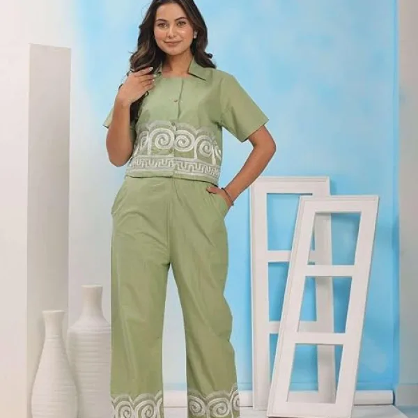Women's Cotton Embroidered Crop top Co-Ord Set