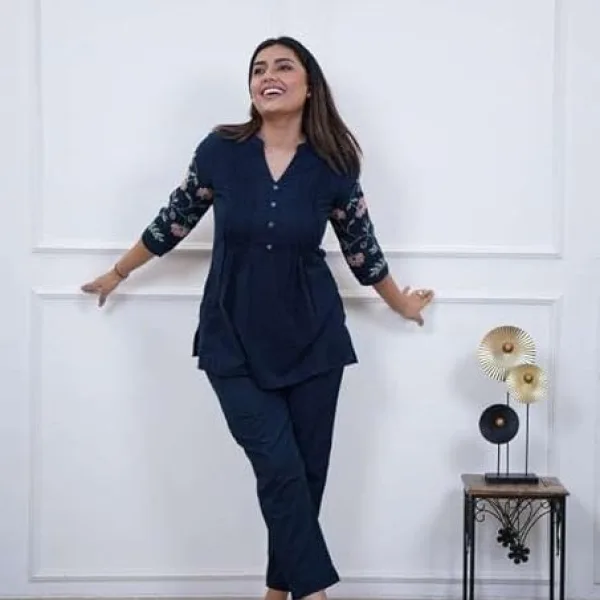 Women's Cotton Embroidery Straight Short Kurti with Pant Set