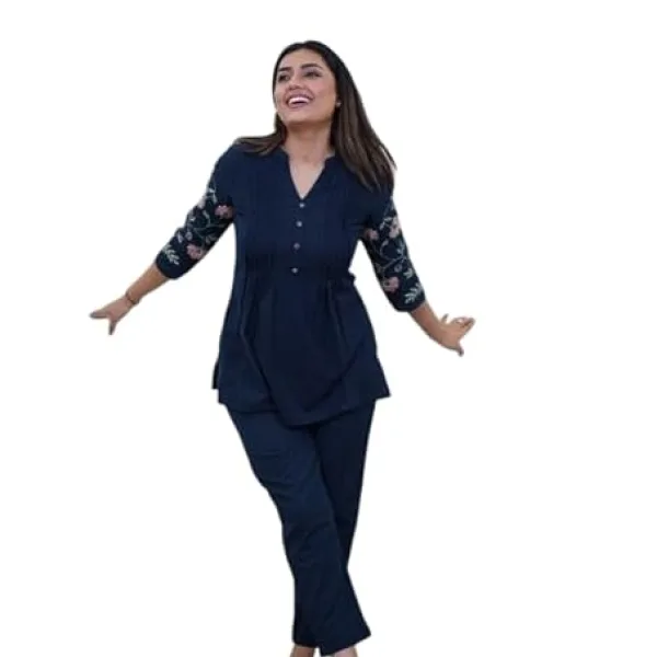 Women's Cotton Embroidery Straight Short Kurti with Pant Set