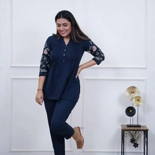 Women's Cotton Embroidery Straight Short Kurti with Pant Set