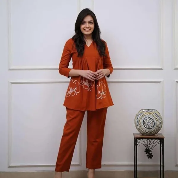 Women's Cotton Embroidered Co-ord Set 2 Piece Top Bottom Set