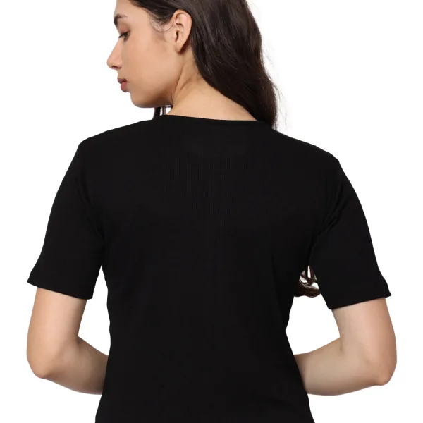 Elegant Bamboo Rib Fabric Half Sleeves Top For Girl | Black