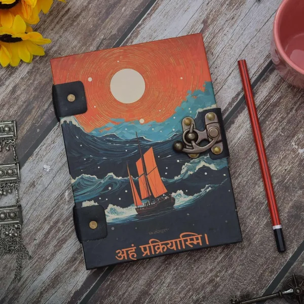 Handmade Printed Cardboard Journal Diary Black Cover with Buckle Lock