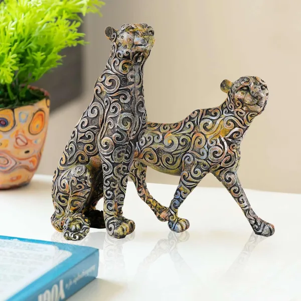 Antique Panther Animal Figurines Set of 2 for Home Decor