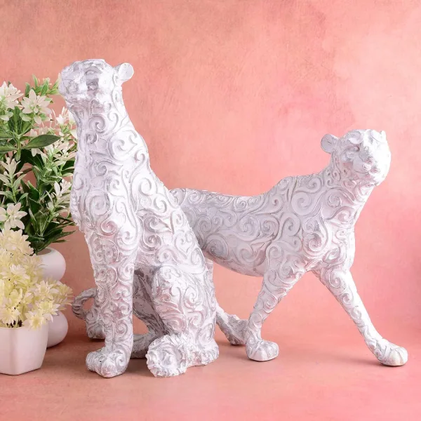 White Panther Antique Animal Showpiece Set of 2 for Home Decor