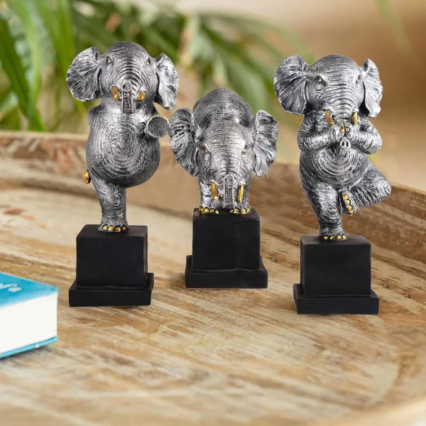 Silver Polyresin Elephant Showpiece Set of 3 for Home Decor