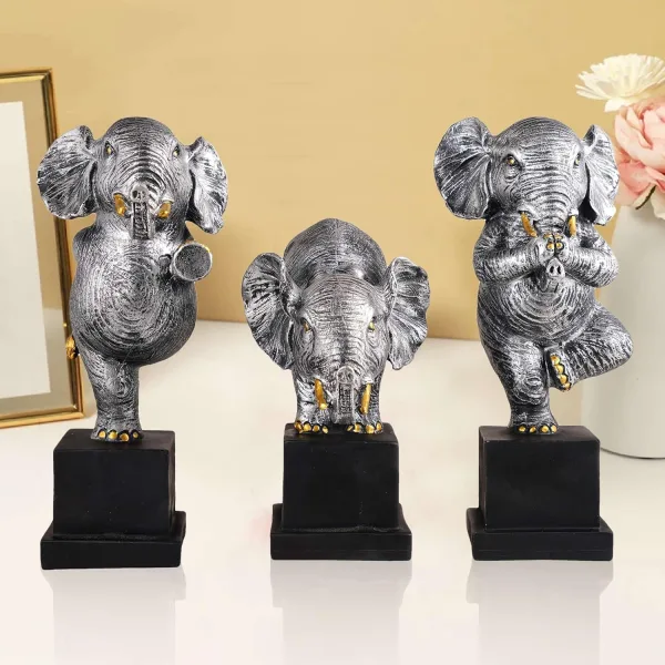 Silver Polyresin Elephant Showpiece Set of 3 for Home Decor