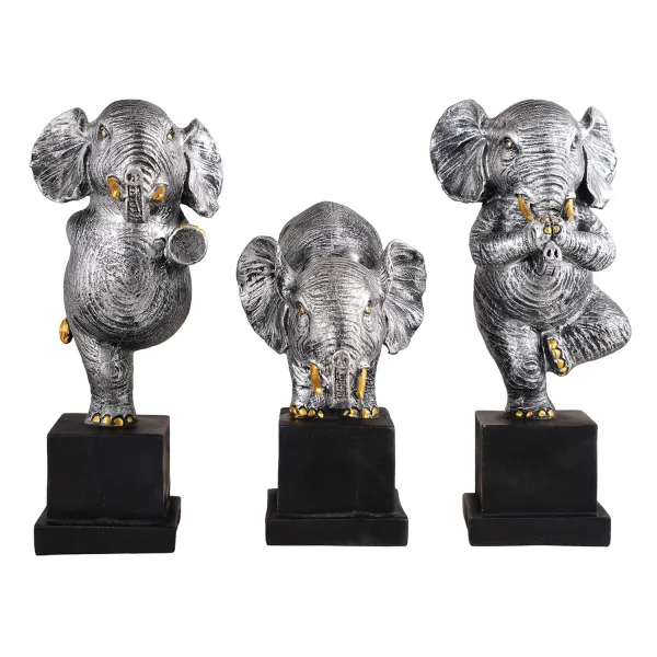 Silver Polyresin Elephant Showpiece Set of 3 for Home Decor