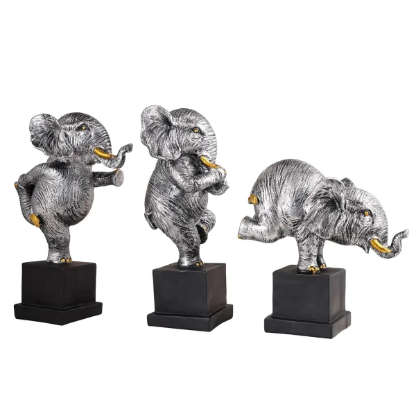 Silver Polyresin Elephant Showpiece Set of 3 for Home Decor