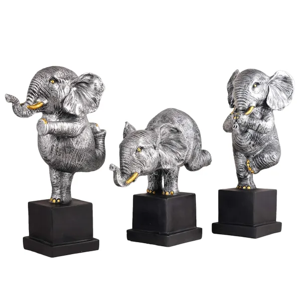 Silver Polyresin Elephant Showpiece Set of 3 for Home Decor